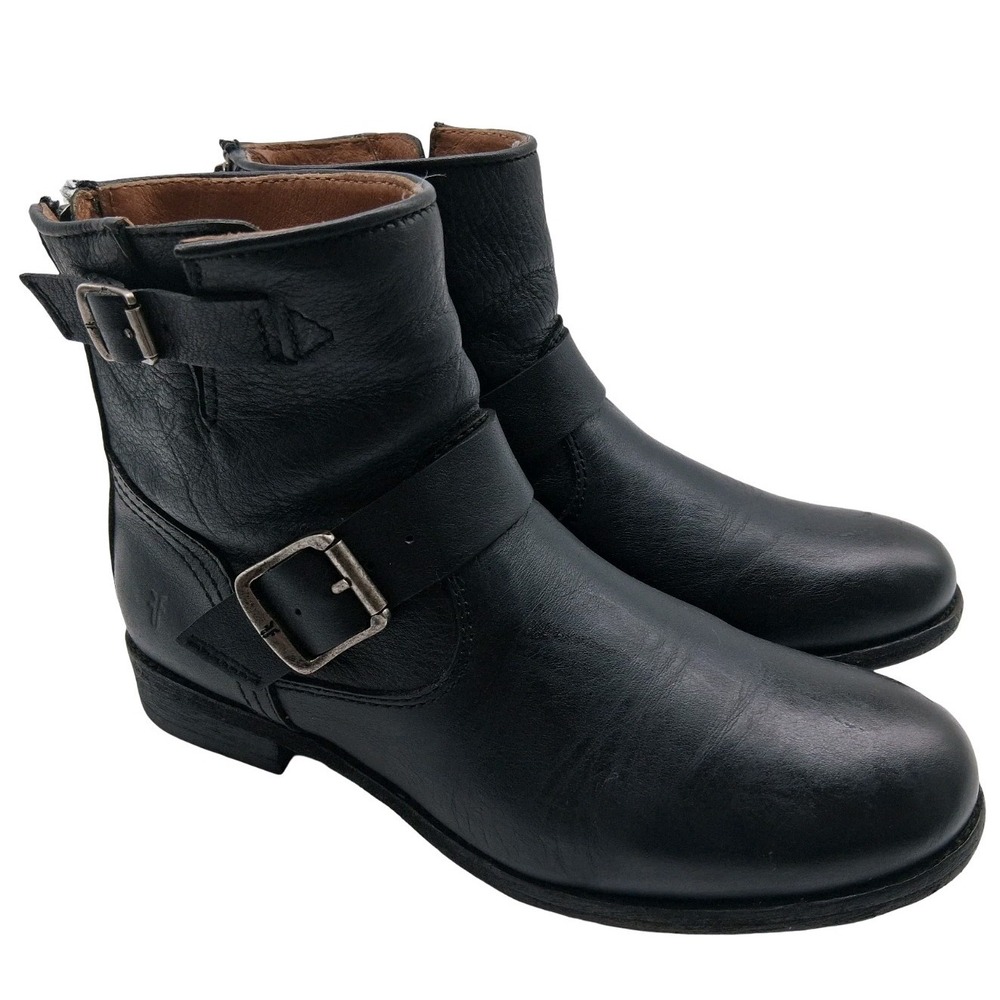 Frye Boots Womens Size 7.5 B Black Leather Ankle Biker Zip Buckle Booties Casual
